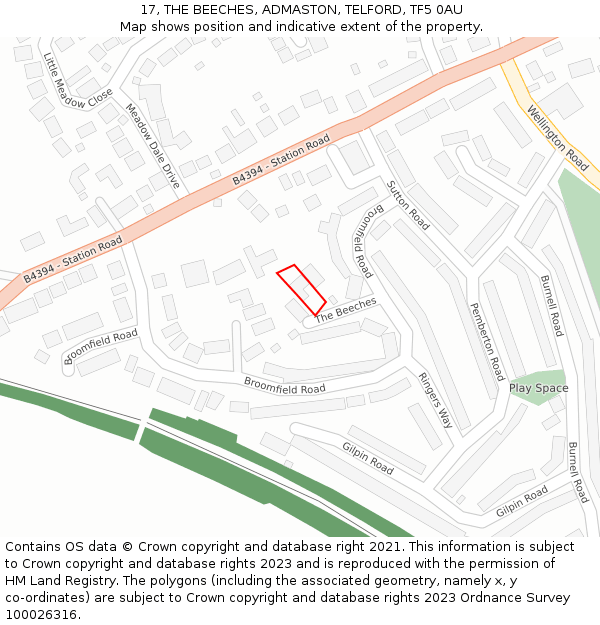 17, THE BEECHES, ADMASTON, TELFORD, TF5 0AU: Location map and indicative extent of plot