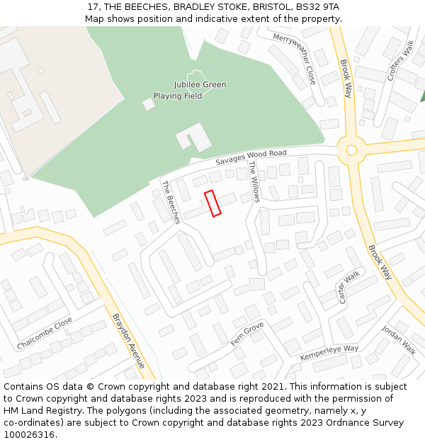 17, THE BEECHES, BRADLEY STOKE, BRISTOL, BS32 9TA: Location map and indicative extent of plot