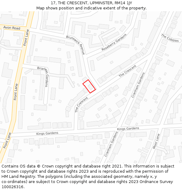 17, THE CRESCENT, UPMINSTER, RM14 1JY: Location map and indicative extent of plot