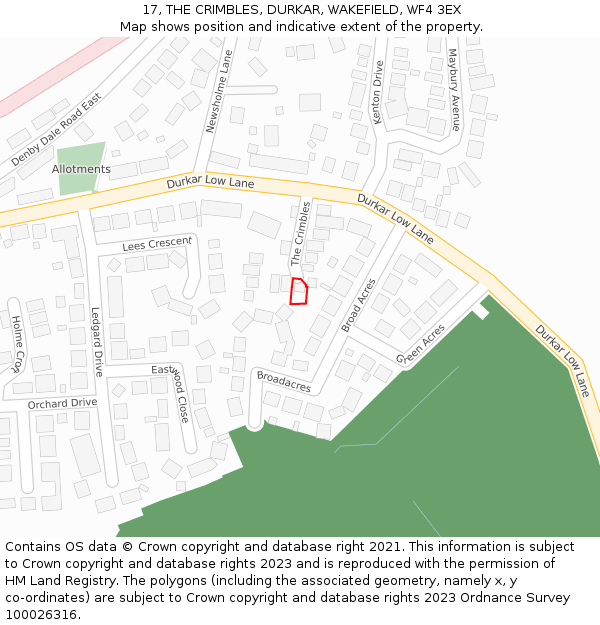 17, THE CRIMBLES, DURKAR, WAKEFIELD, WF4 3EX: Location map and indicative extent of plot