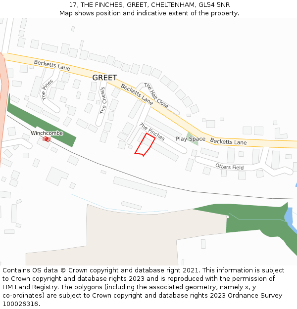 17, THE FINCHES, GREET, CHELTENHAM, GL54 5NR: Location map and indicative extent of plot