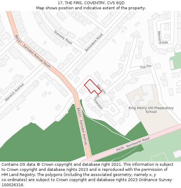 17, THE FIRS, COVENTRY, CV5 6QD: Location map and indicative extent of plot