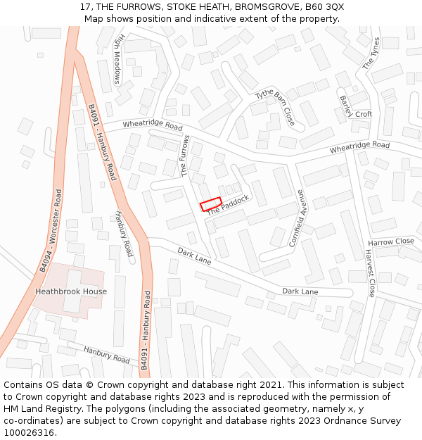 17, THE FURROWS, STOKE HEATH, BROMSGROVE, B60 3QX: Location map and indicative extent of plot