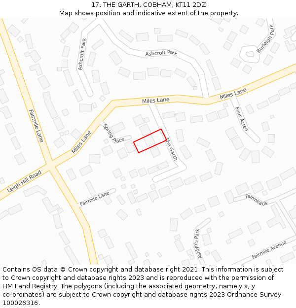 17, THE GARTH, COBHAM, KT11 2DZ: Location map and indicative extent of plot