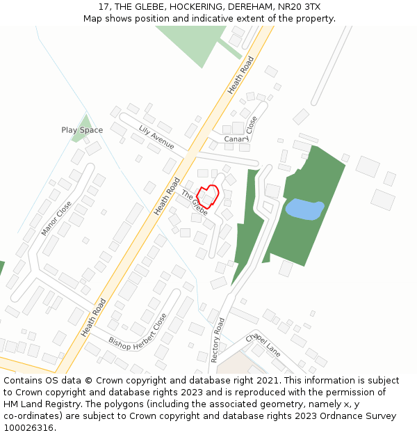 17, THE GLEBE, HOCKERING, DEREHAM, NR20 3TX: Location map and indicative extent of plot