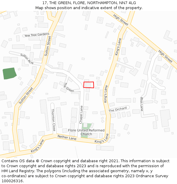 17, THE GREEN, FLORE, NORTHAMPTON, NN7 4LG: Location map and indicative extent of plot