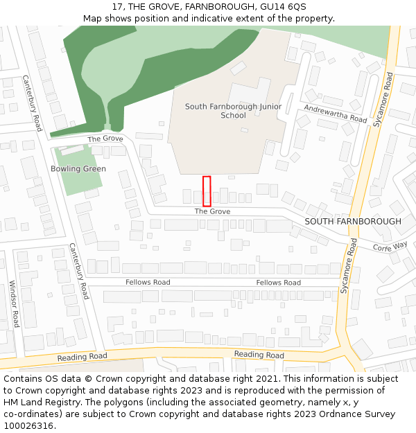 17, THE GROVE, FARNBOROUGH, GU14 6QS: Location map and indicative extent of plot