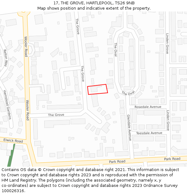 17, THE GROVE, HARTLEPOOL, TS26 9NB: Location map and indicative extent of plot