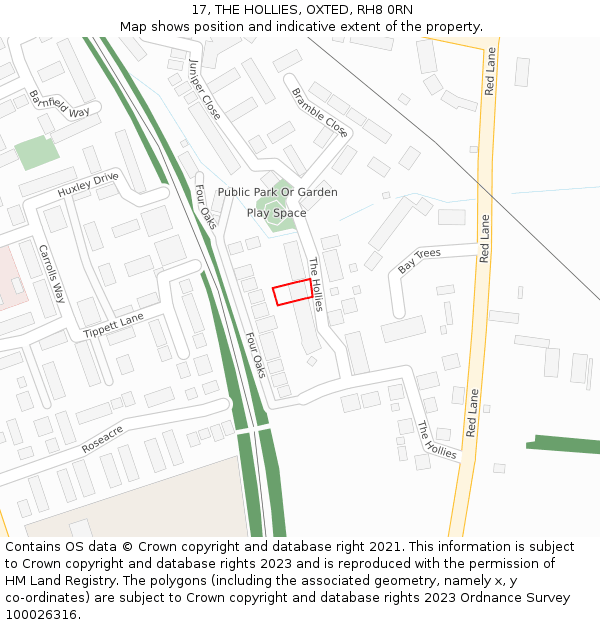 17, THE HOLLIES, OXTED, RH8 0RN: Location map and indicative extent of plot