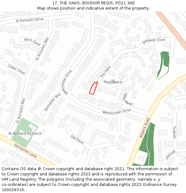 17, THE OAKS, BOGNOR REGIS, PO21 3AE: Location map and indicative extent of plot