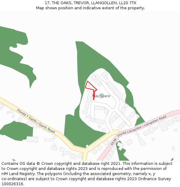 17, THE OAKS, TREVOR, LLANGOLLEN, LL20 7TX: Location map and indicative extent of plot