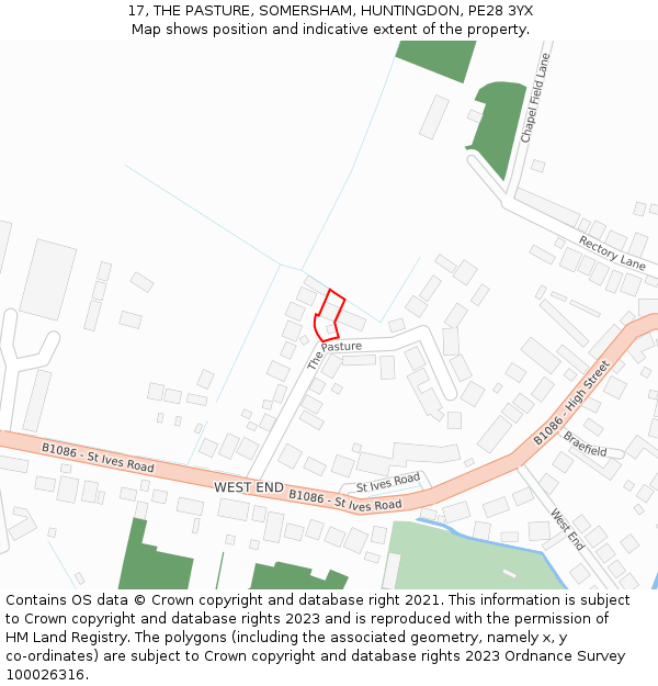 17, THE PASTURE, SOMERSHAM, HUNTINGDON, PE28 3YX: Location map and indicative extent of plot