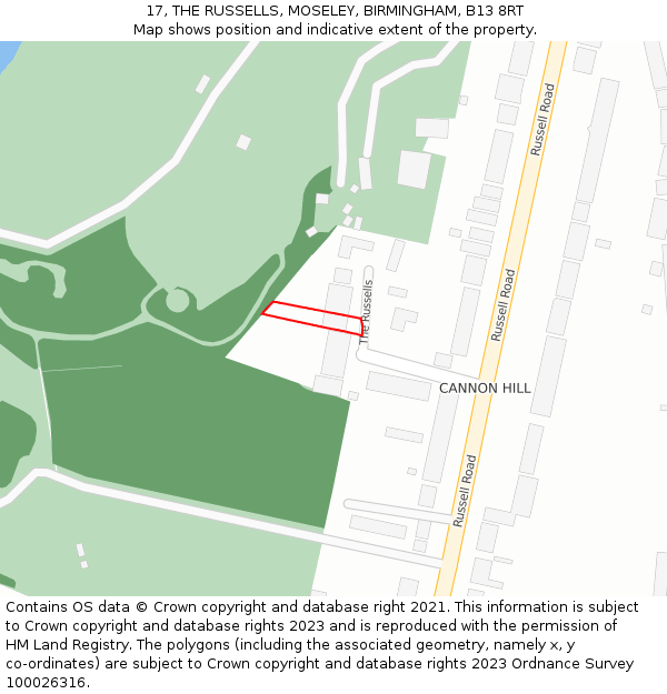 17, THE RUSSELLS, MOSELEY, BIRMINGHAM, B13 8RT: Location map and indicative extent of plot