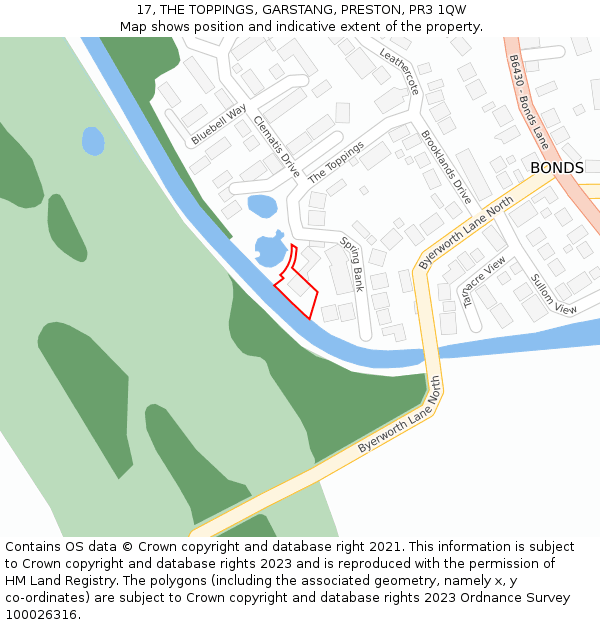 17, THE TOPPINGS, GARSTANG, PRESTON, PR3 1QW: Location map and indicative extent of plot