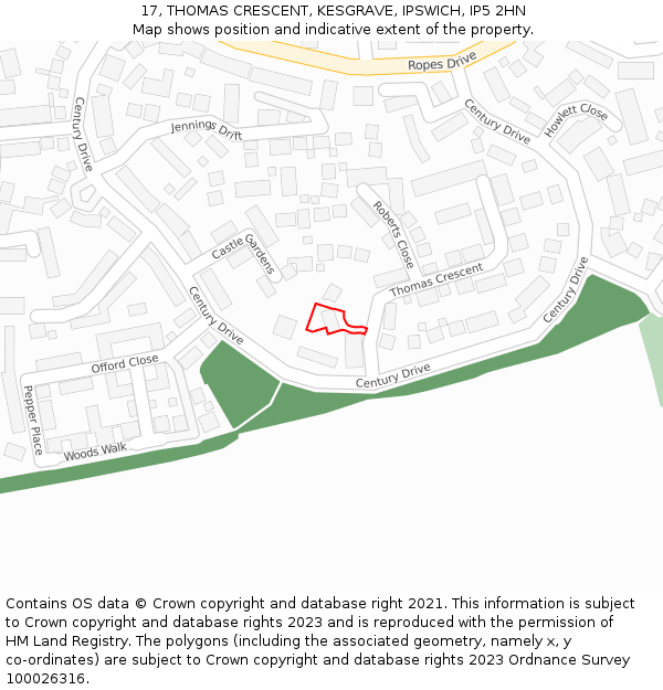 17, THOMAS CRESCENT, KESGRAVE, IPSWICH, IP5 2HN: Location map and indicative extent of plot