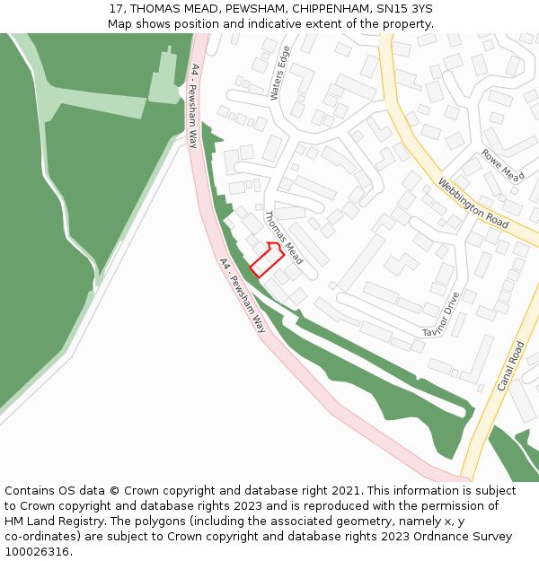 17, THOMAS MEAD, PEWSHAM, CHIPPENHAM, SN15 3YS: Location map and indicative extent of plot