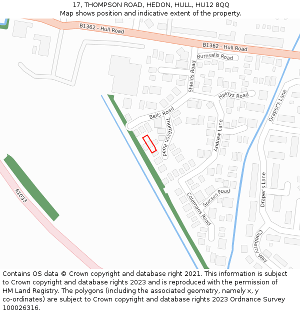 17, THOMPSON ROAD, HEDON, HULL, HU12 8QQ: Location map and indicative extent of plot