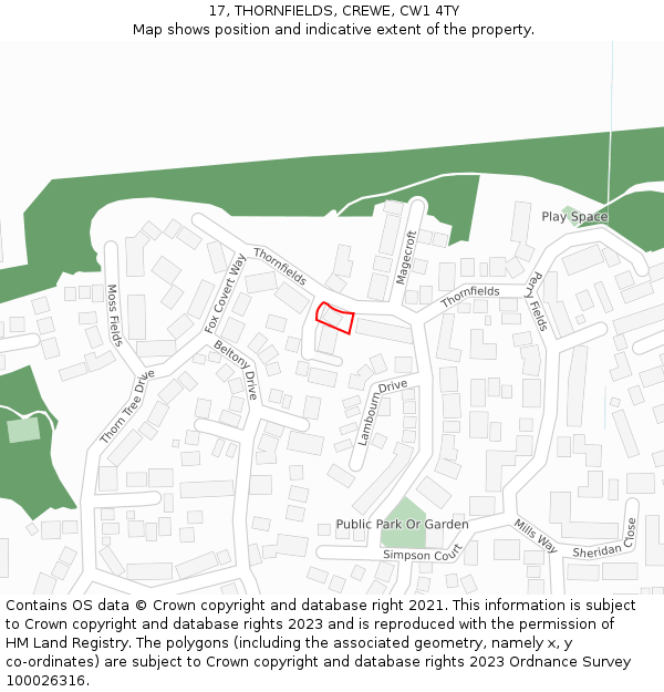 17, THORNFIELDS, CREWE, CW1 4TY: Location map and indicative extent of plot