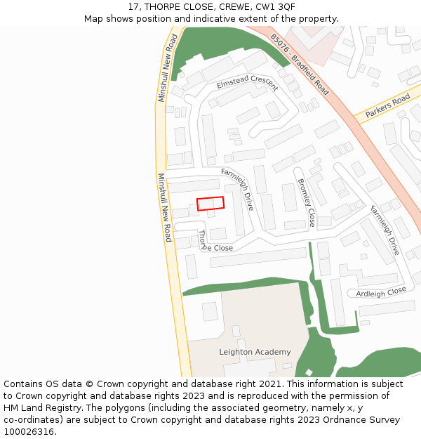 17, THORPE CLOSE, CREWE, CW1 3QF: Location map and indicative extent of plot