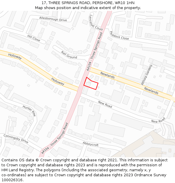 17, THREE SPRINGS ROAD, PERSHORE, WR10 1HN: Location map and indicative extent of plot