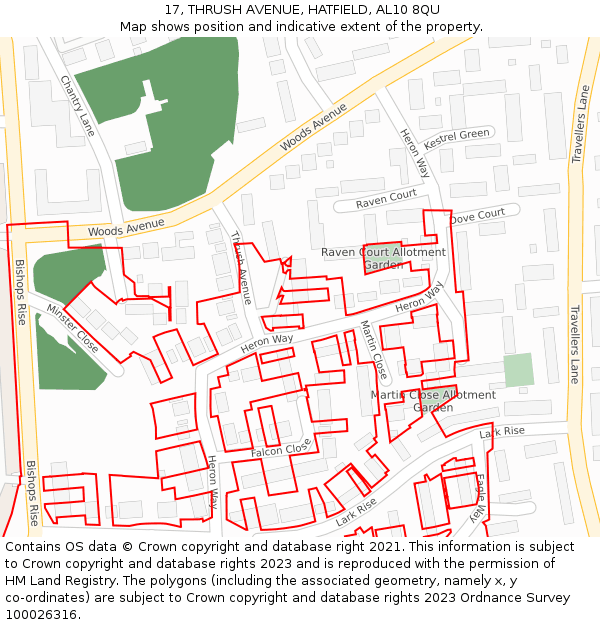 17, THRUSH AVENUE, HATFIELD, AL10 8QU: Location map and indicative extent of plot