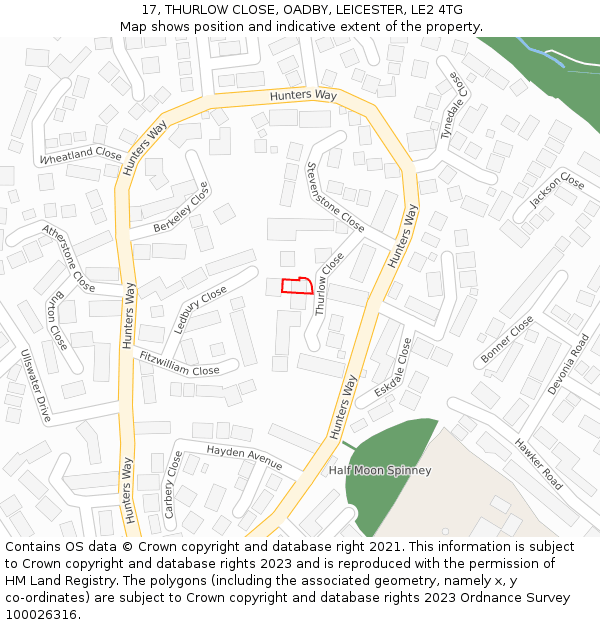 17, THURLOW CLOSE, OADBY, LEICESTER, LE2 4TG: Location map and indicative extent of plot