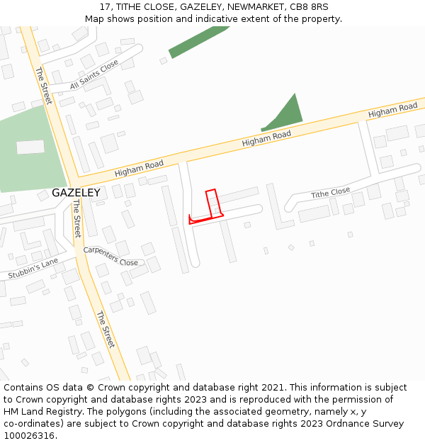 17, TITHE CLOSE, GAZELEY, NEWMARKET, CB8 8RS: Location map and indicative extent of plot