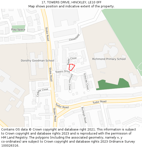 17, TOWERS DRIVE, HINCKLEY, LE10 0FF: Location map and indicative extent of plot