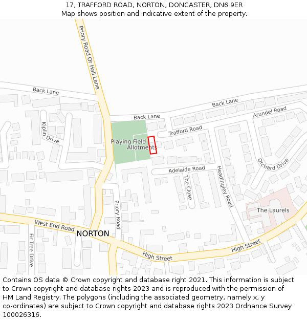 17, TRAFFORD ROAD, NORTON, DONCASTER, DN6 9ER: Location map and indicative extent of plot