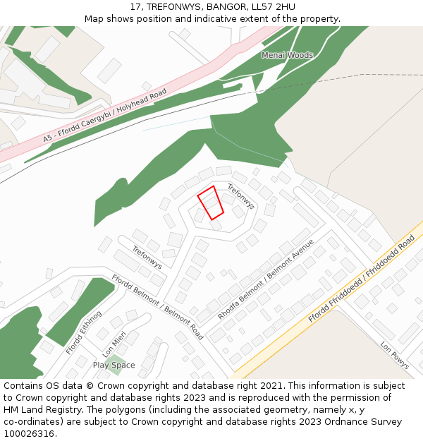 17, TREFONWYS, BANGOR, LL57 2HU: Location map and indicative extent of plot