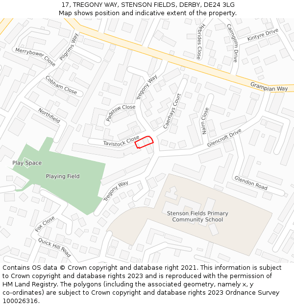 17, TREGONY WAY, STENSON FIELDS, DERBY, DE24 3LG: Location map and indicative extent of plot