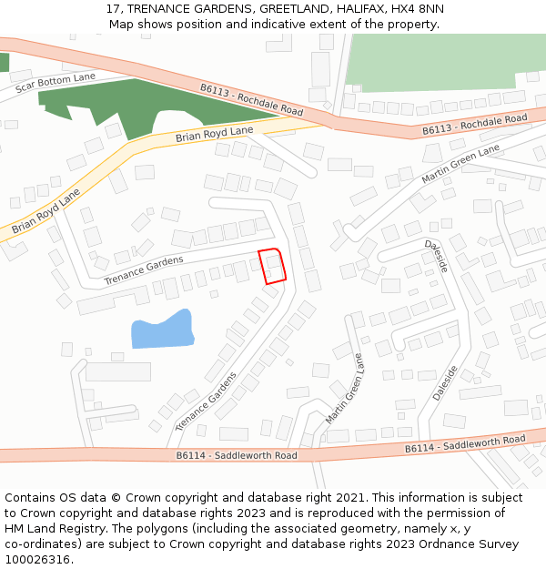 17, TRENANCE GARDENS, GREETLAND, HALIFAX, HX4 8NN: Location map and indicative extent of plot