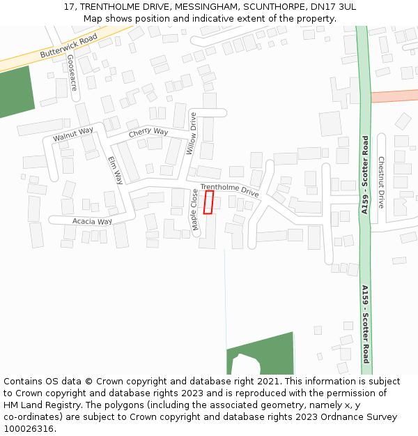 17, TRENTHOLME DRIVE, MESSINGHAM, SCUNTHORPE, DN17 3UL: Location map and indicative extent of plot