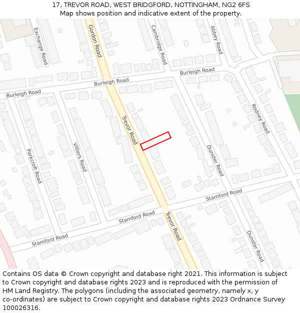 17, TREVOR ROAD, WEST BRIDGFORD, NOTTINGHAM, NG2 6FS: Location map and indicative extent of plot