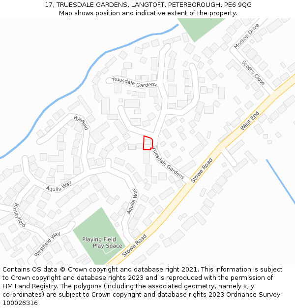 17, TRUESDALE GARDENS, LANGTOFT, PETERBOROUGH, PE6 9QG: Location map and indicative extent of plot