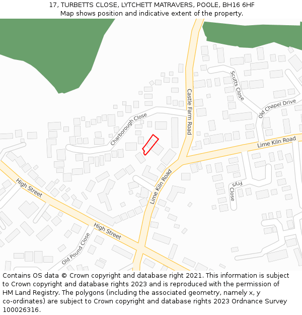 17, TURBETTS CLOSE, LYTCHETT MATRAVERS, POOLE, BH16 6HF: Location map and indicative extent of plot