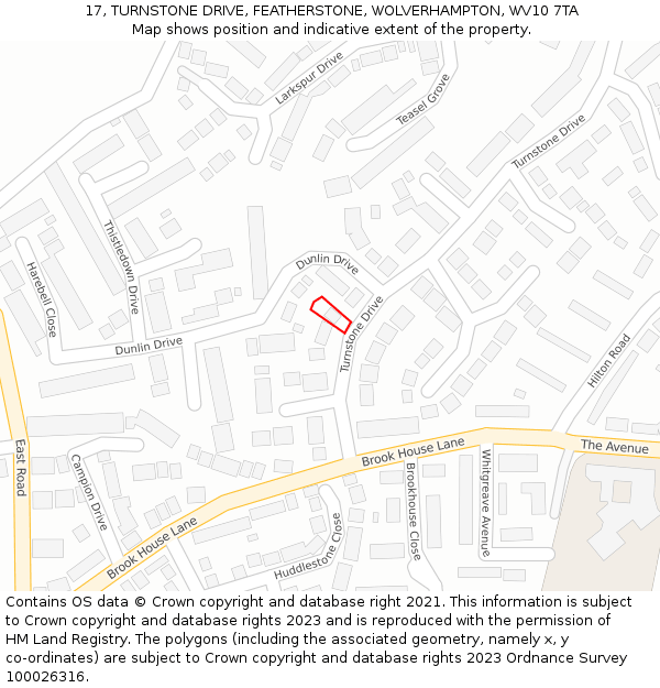 17, TURNSTONE DRIVE, FEATHERSTONE, WOLVERHAMPTON, WV10 7TA: Location map and indicative extent of plot