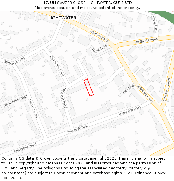 17, ULLSWATER CLOSE, LIGHTWATER, GU18 5TD: Location map and indicative extent of plot