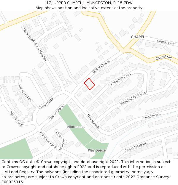 17, UPPER CHAPEL, LAUNCESTON, PL15 7DW: Location map and indicative extent of plot