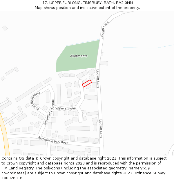 17, UPPER FURLONG, TIMSBURY, BATH, BA2 0NN: Location map and indicative extent of plot