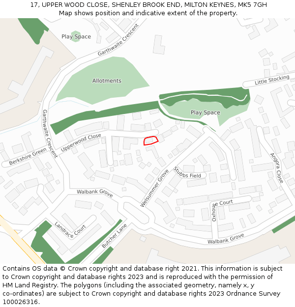 17, UPPER WOOD CLOSE, SHENLEY BROOK END, MILTON KEYNES, MK5 7GH: Location map and indicative extent of plot