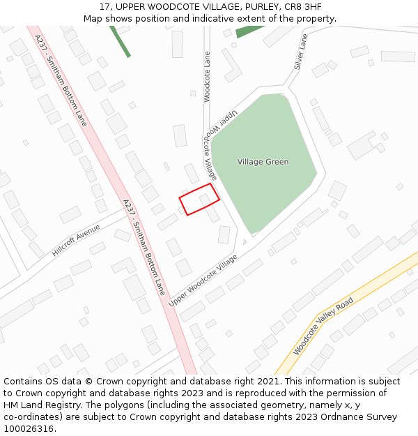 17, UPPER WOODCOTE VILLAGE, PURLEY, CR8 3HF: Location map and indicative extent of plot