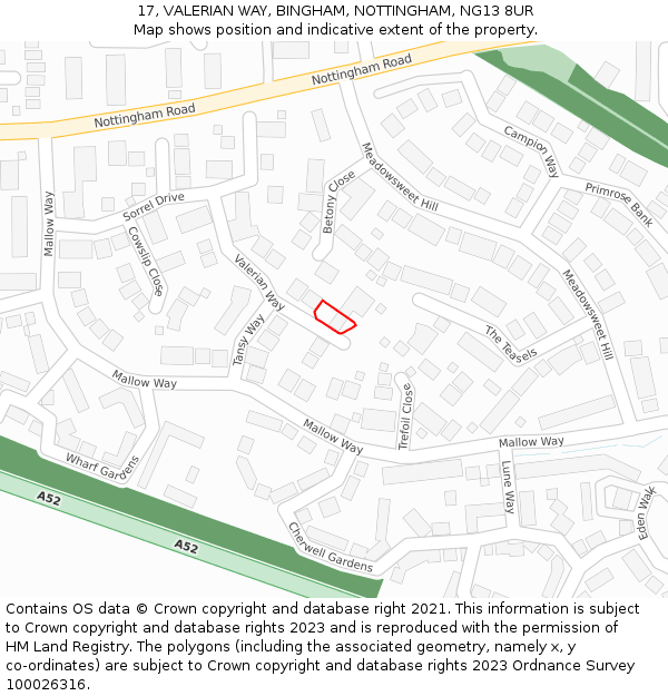 17, VALERIAN WAY, BINGHAM, NOTTINGHAM, NG13 8UR: Location map and indicative extent of plot