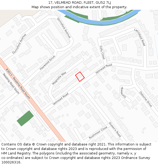 17, VELMEAD ROAD, FLEET, GU52 7LJ: Location map and indicative extent of plot