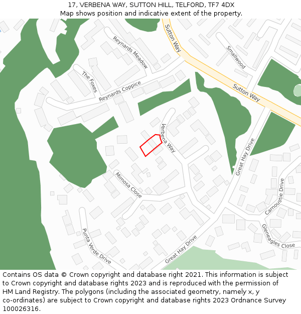 17, VERBENA WAY, SUTTON HILL, TELFORD, TF7 4DX: Location map and indicative extent of plot