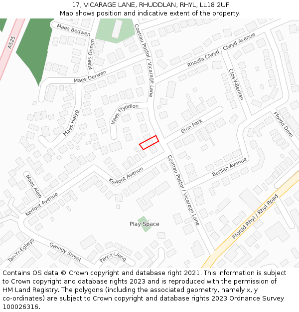 17, VICARAGE LANE, RHUDDLAN, RHYL, LL18 2UF: Location map and indicative extent of plot