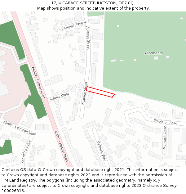 17, VICARAGE STREET, ILKESTON, DE7 8QL: Location map and indicative extent of plot