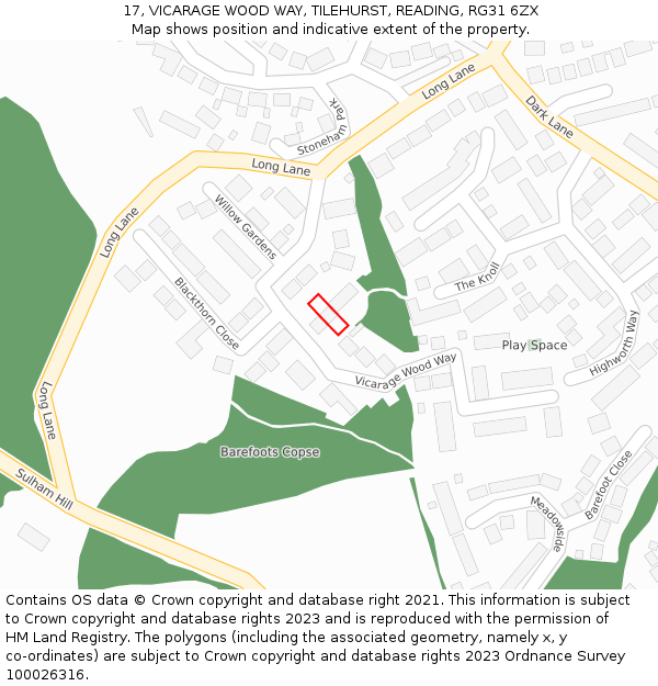 17, VICARAGE WOOD WAY, TILEHURST, READING, RG31 6ZX: Location map and indicative extent of plot