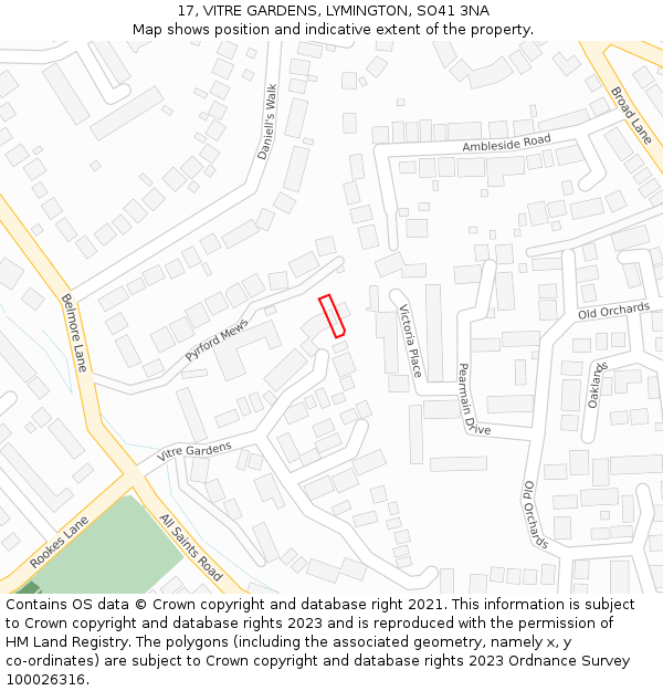 17, VITRE GARDENS, LYMINGTON, SO41 3NA: Location map and indicative extent of plot