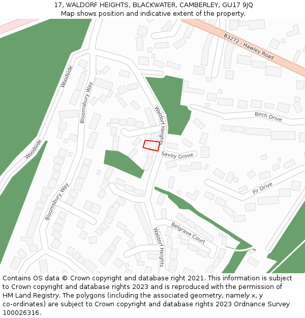 17, WALDORF HEIGHTS, BLACKWATER, CAMBERLEY, GU17 9JQ: Location map and indicative extent of plot